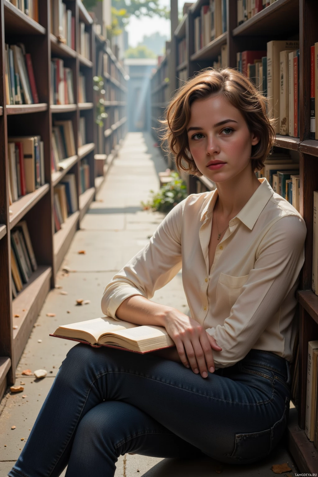 A person sits cross-legged in an outdoor library aisle holding an open book.