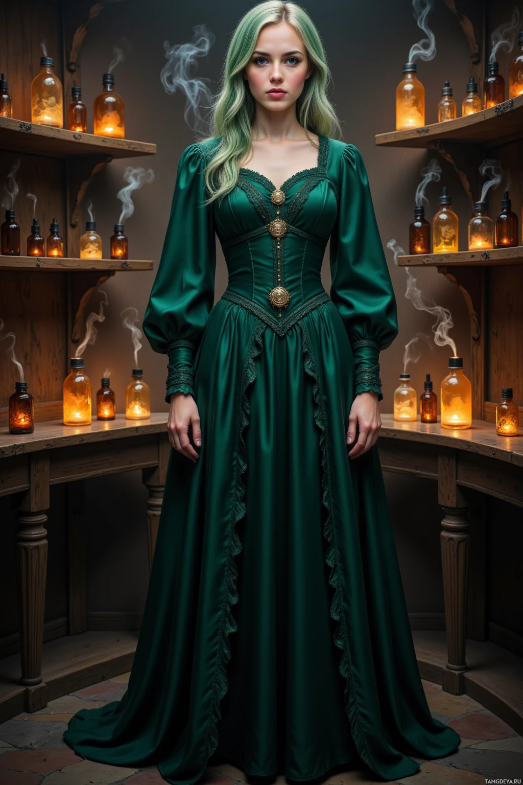 A woman in a green satin gown stands in a dimly lit room with shelves of glowing bottles.