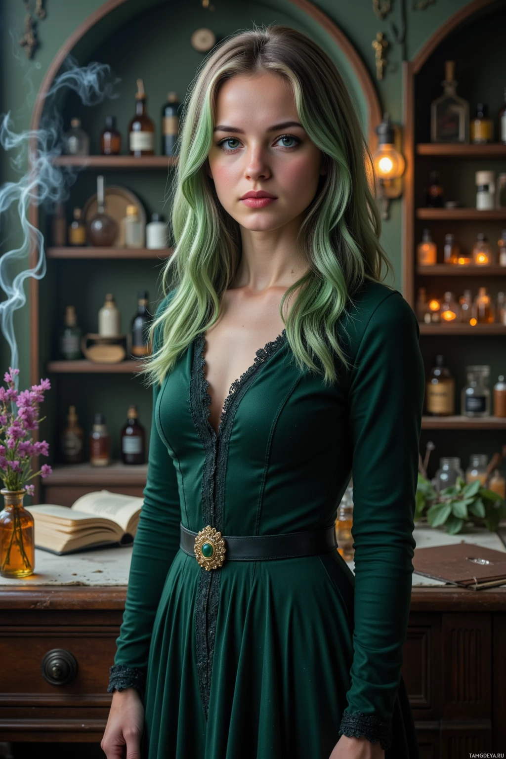 A woman in a green dress stands in a room with shelves of bottles and a smoking candle.