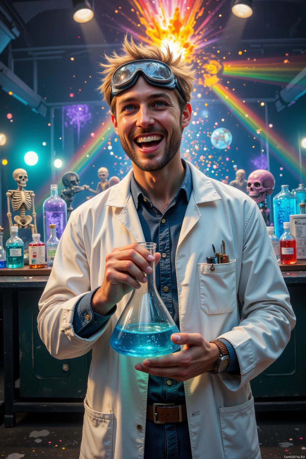 A person in a lab coat holds a beaker with blue liquid while standing in a colorful laboratory setting.