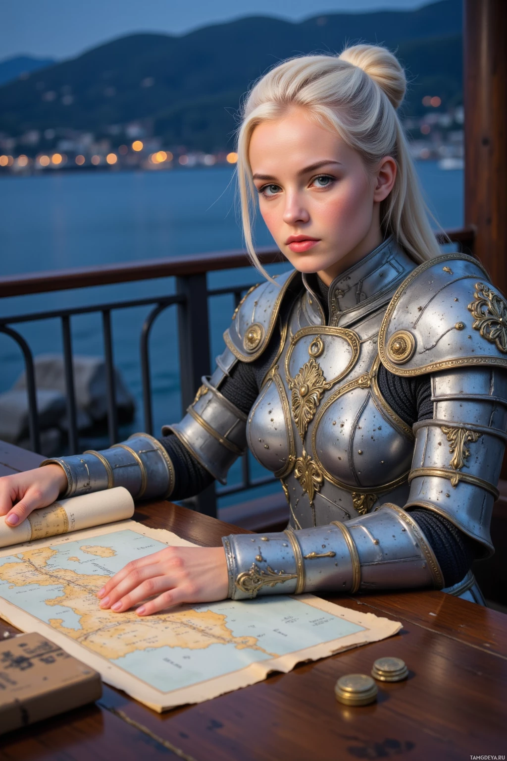 Realistic high quality photo. A poised 28‑year‑old woman with white hair in a sleek updo, piercing blue eyes and porcelain skin, wearing elegant dragon‑scale armor with intricate silver filigree, sits at a wooden desk on a balcony overlooking a calm twilight ocean, scrolling a map with a calm, strategic expression, breathing in a salt breeze.