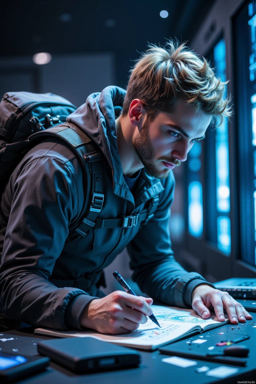 A person wearing a backpack leans over a desk, writing in a notebook.