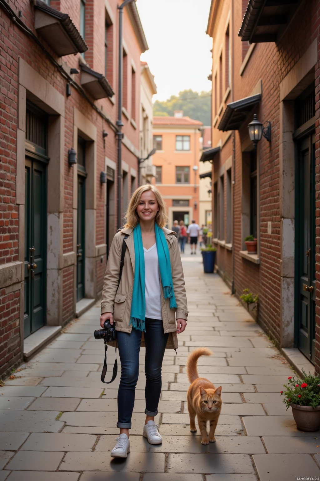 A person walks down a narrow alleyway with a camera and an orange cat following nearby.