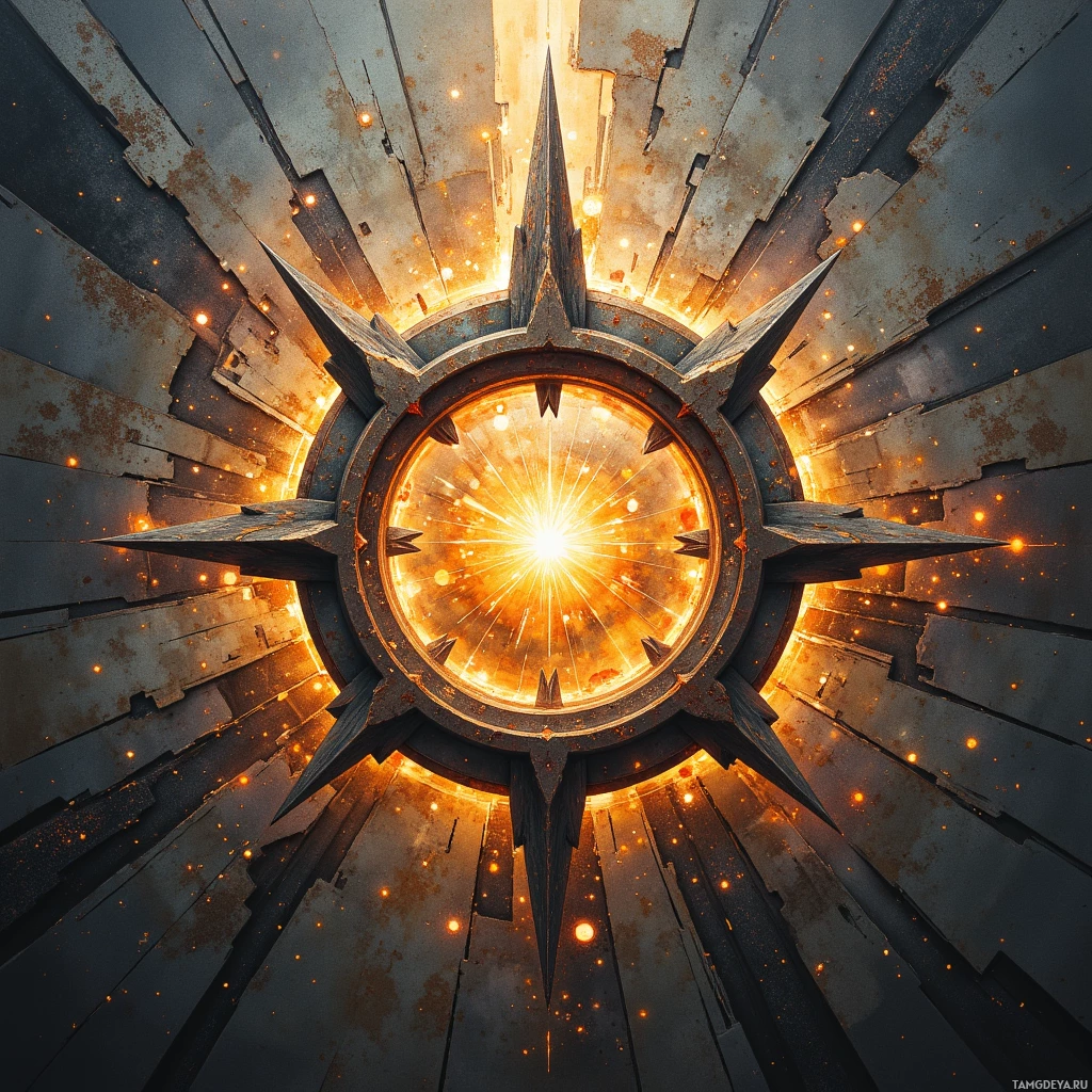 A radiant, fiery central light emanates from a circular structure surrounded by sharp, metallic spokes against a dark, textured background.