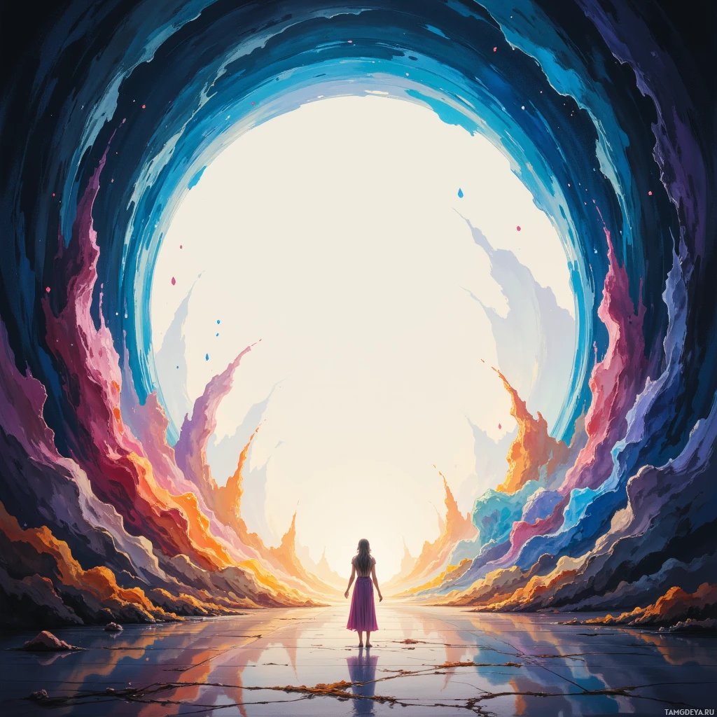 A person stands at the entrance of a vibrant, colorful tunnel leading to a bright light.