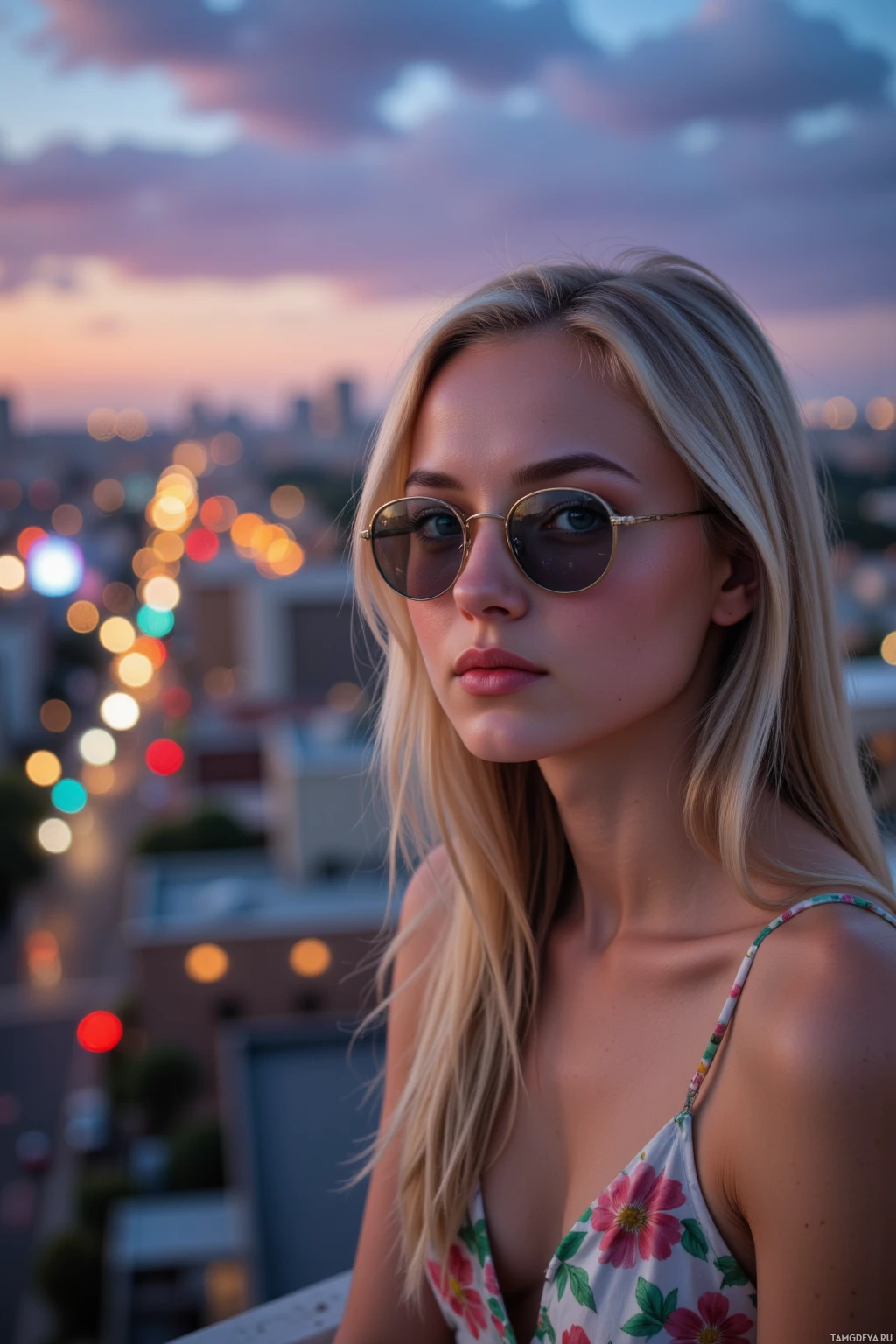 A person wearing sunglasses and a floral top stands against a cityscape at dusk with bokeh lights in the background.