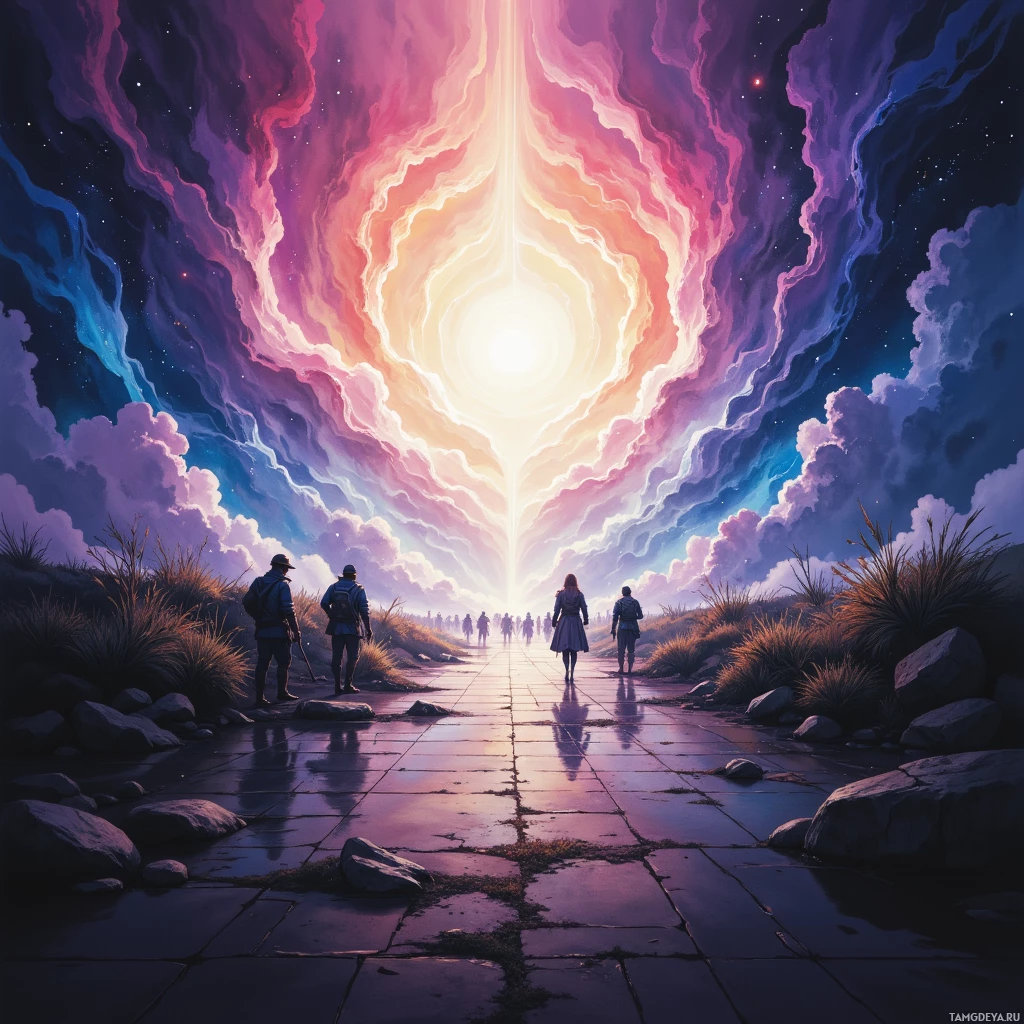 A group of people walks along a stone path towards a radiant, colorful light in the sky.