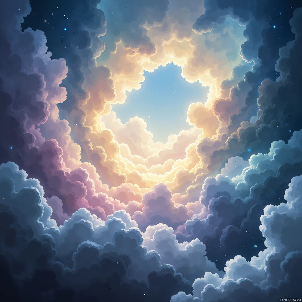 A vibrant sky with swirling clouds and a glowing light source creating a halo effect.
