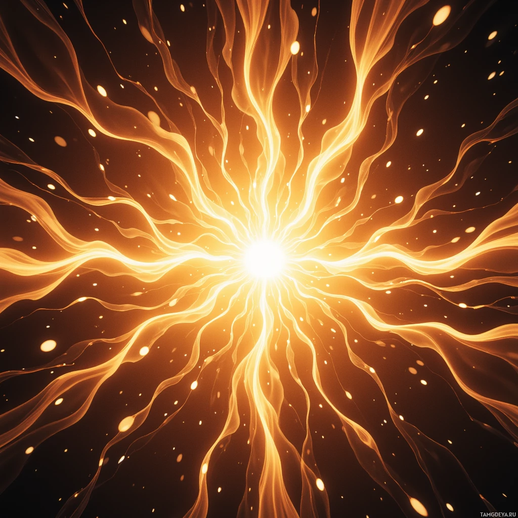 An abstract image featuring radiating orange and yellow light streaks against a dark background with glowing particles.