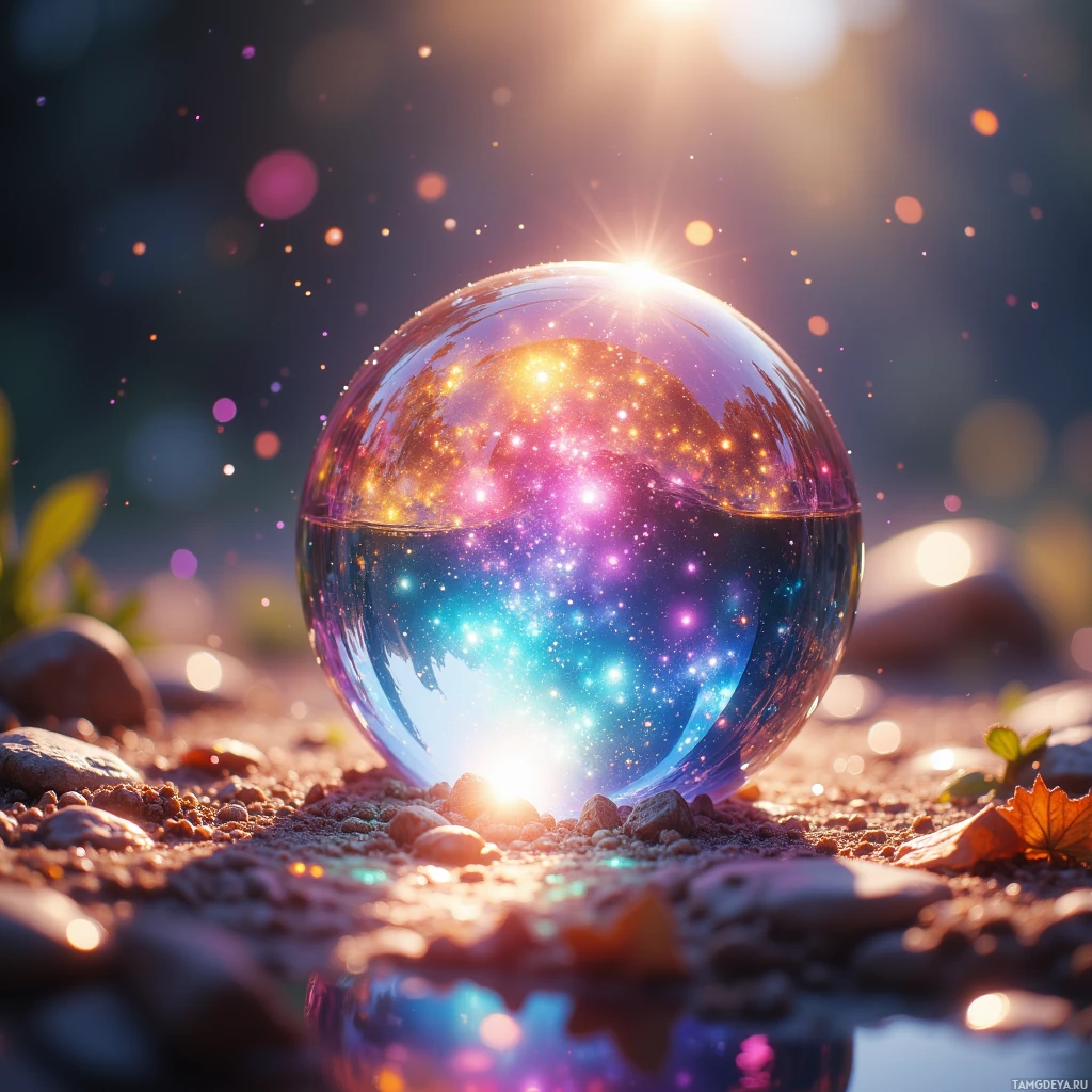 A glass sphere reflects a vibrant, starry galaxy scene on a pebbled ground.