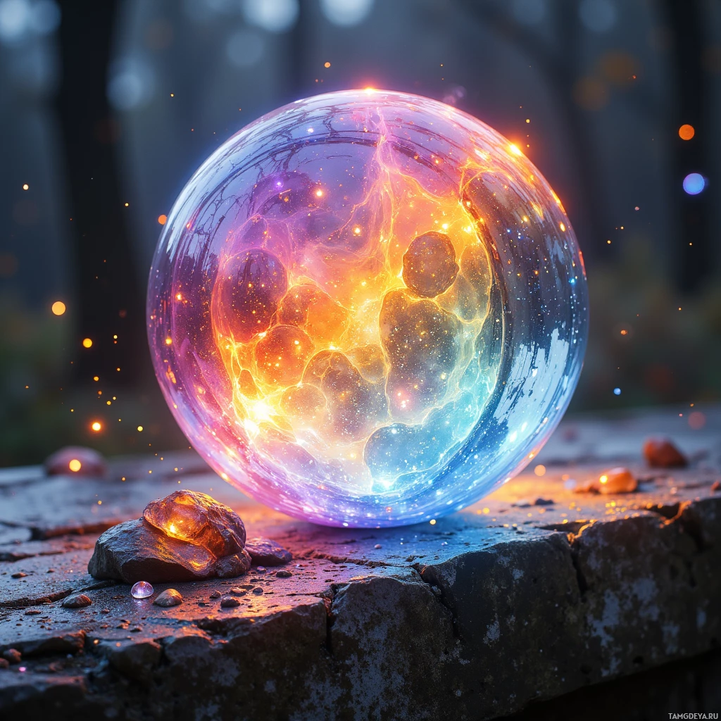 A glowing, multicolored crystal sphere rests on a stone surface, emitting a vibrant, ethereal light.