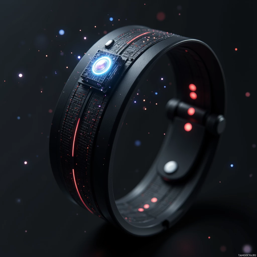 A futuristic wristband with glowing red and blue lights against a dark background.