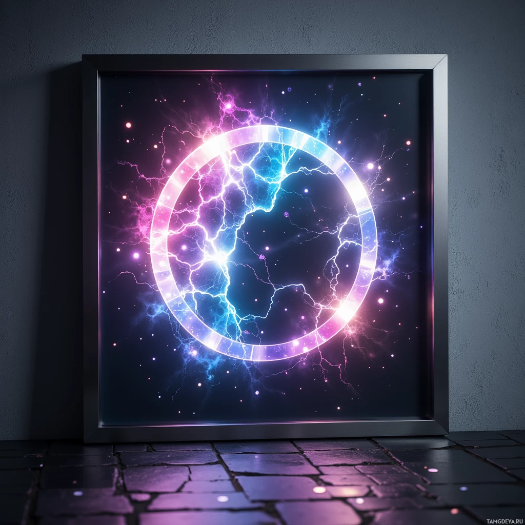 A framed artwork featuring a glowing circular design with electric lightning effects against a dark background.