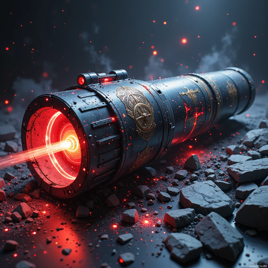 A futuristic device emitting a bright red beam amidst rocky terrain.