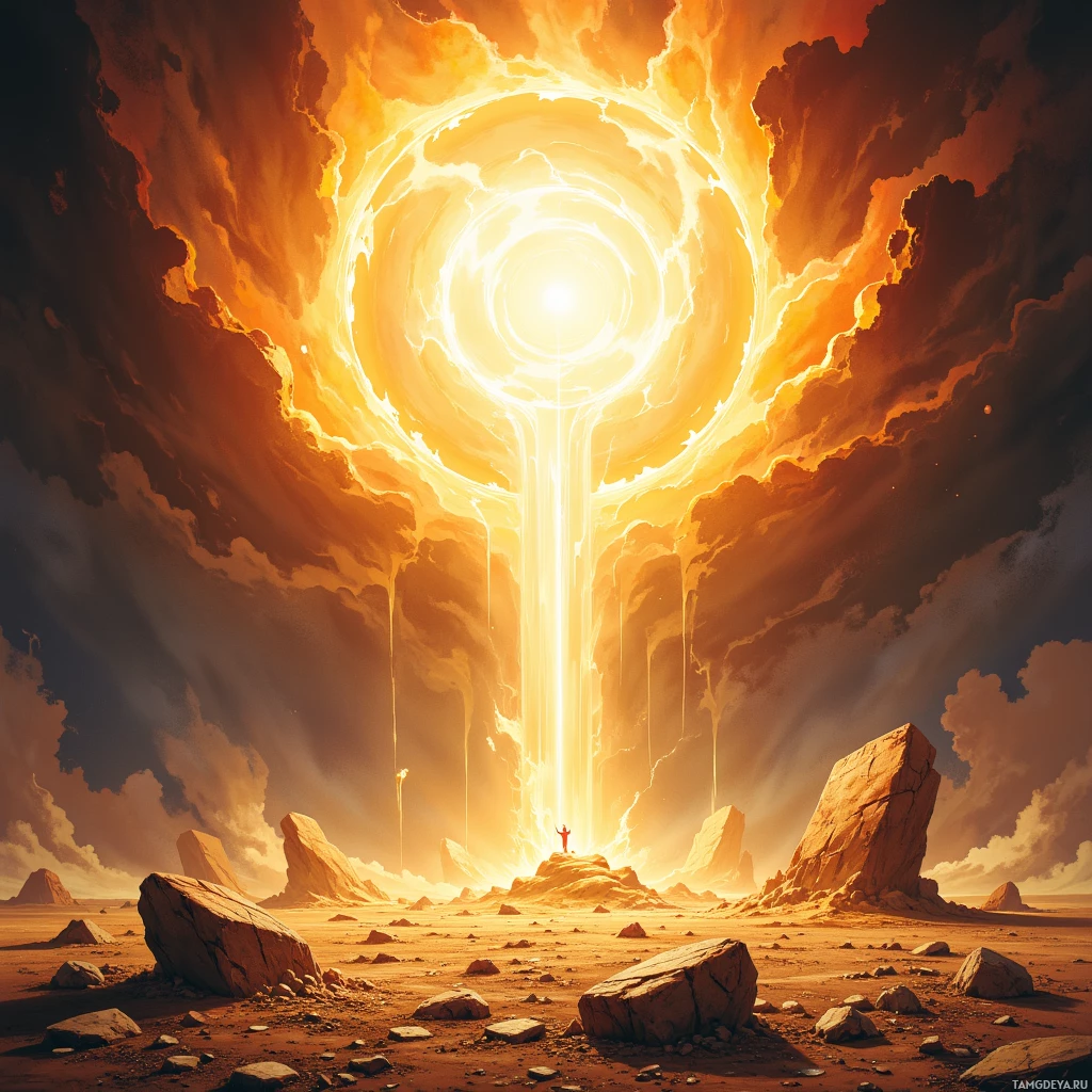 A lone figure stands atop a rocky outcrop in a barren landscape, gazing at a radiant, glowing portal in the sky.
