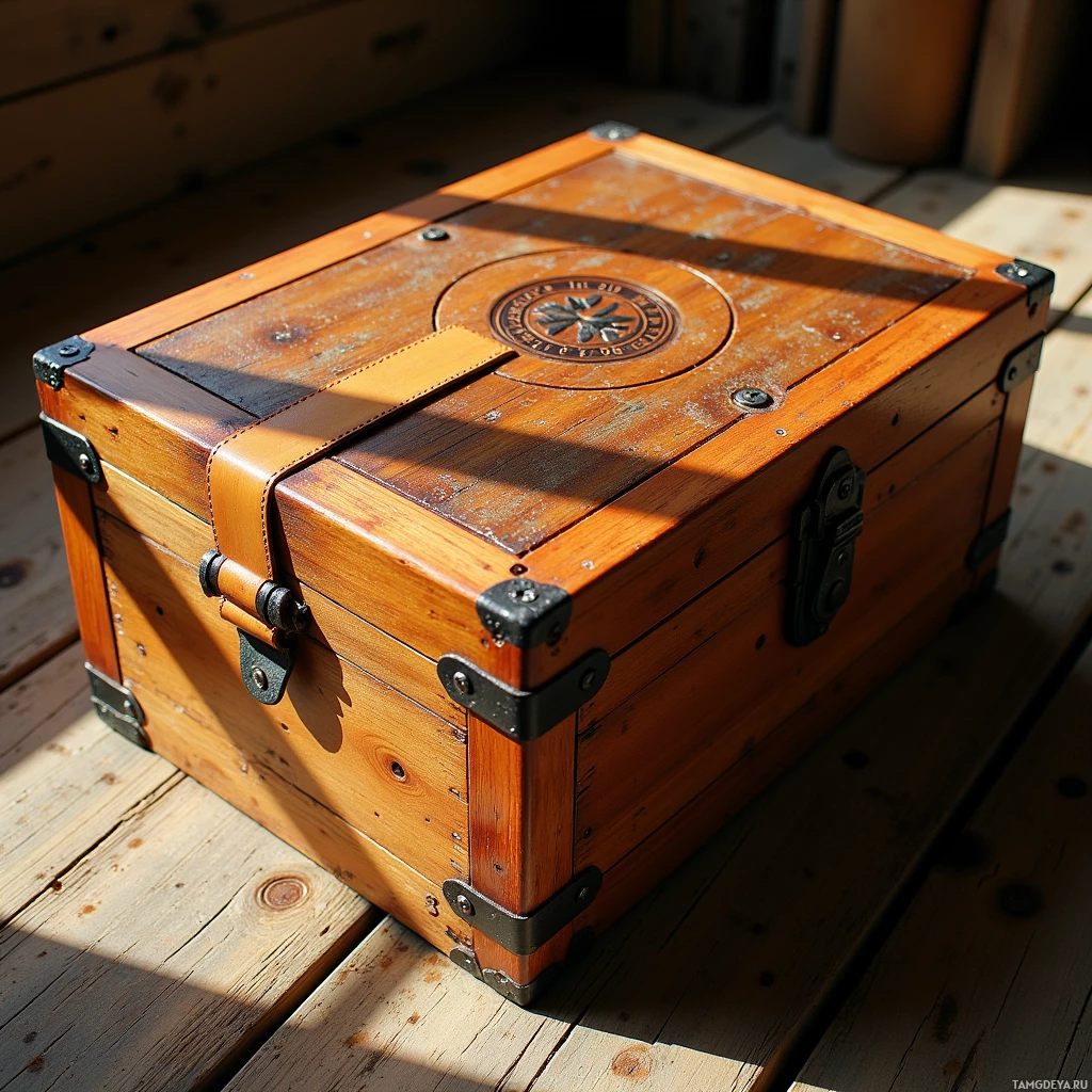 A wooden chest with metal corner reinforcements and leather straps sits on a wooden floor in natural light.
