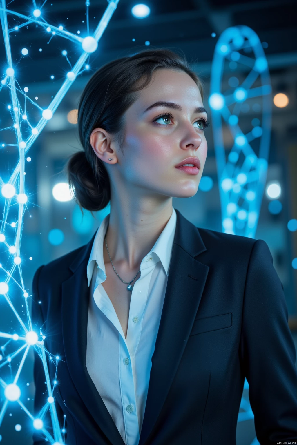 A woman in a professional outfit stands in front of a glowing, networked light structure.