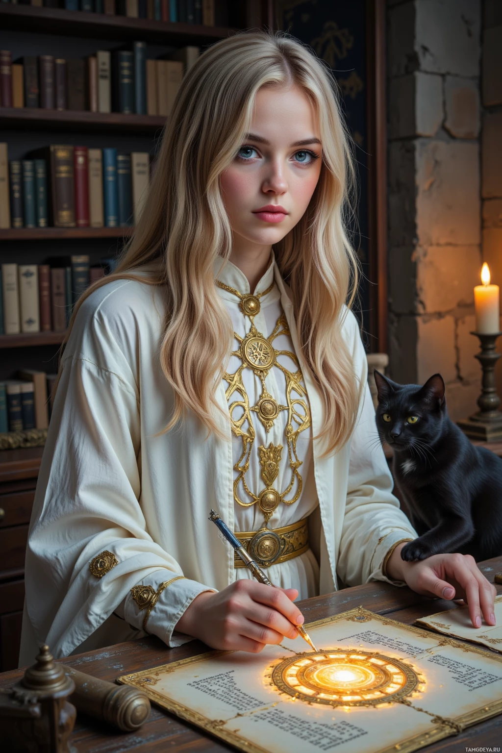 A young woman in an ornate white and gold outfit sits at a desk with a lit candle, writing on a glowing parchment.