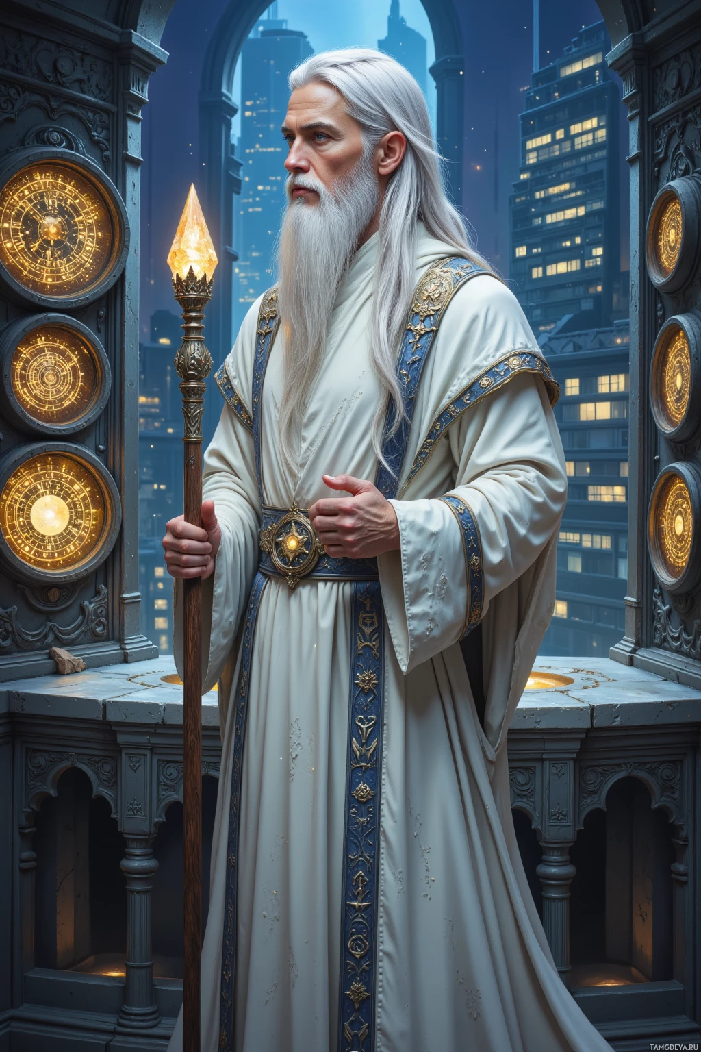 A figure in a white robe with a staff stands before a window overlooking a cityscape at night.
