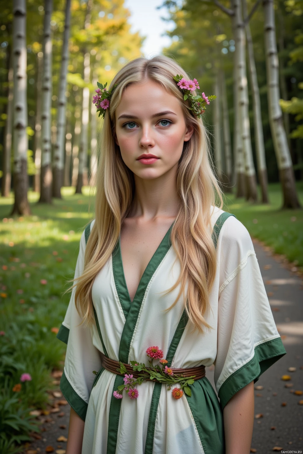 A person wearing a green and white dress with a floral belt and crown stands in a forested area.