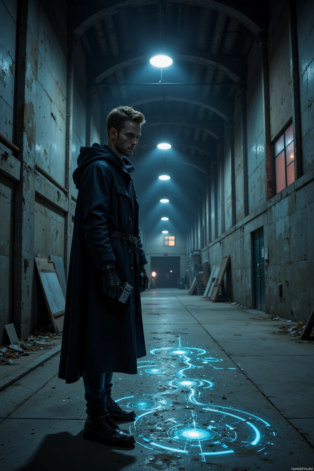 A person stands in a dimly lit, industrial hallway with glowing blue lines on the floor.