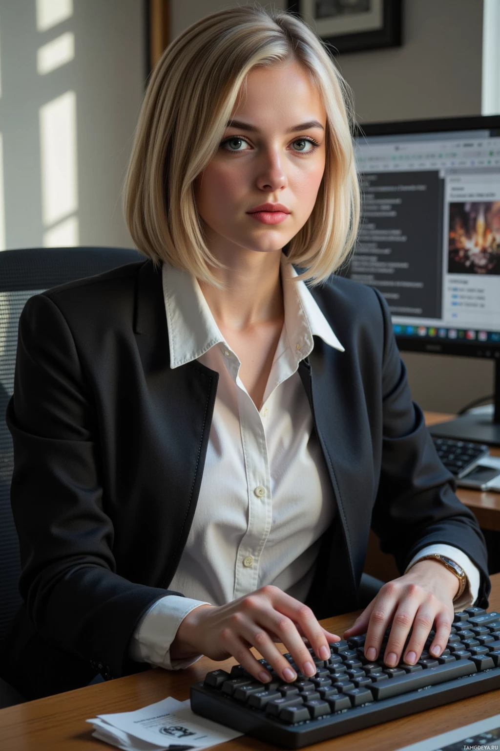 A person in a professional setting is typing on a keyboard.
