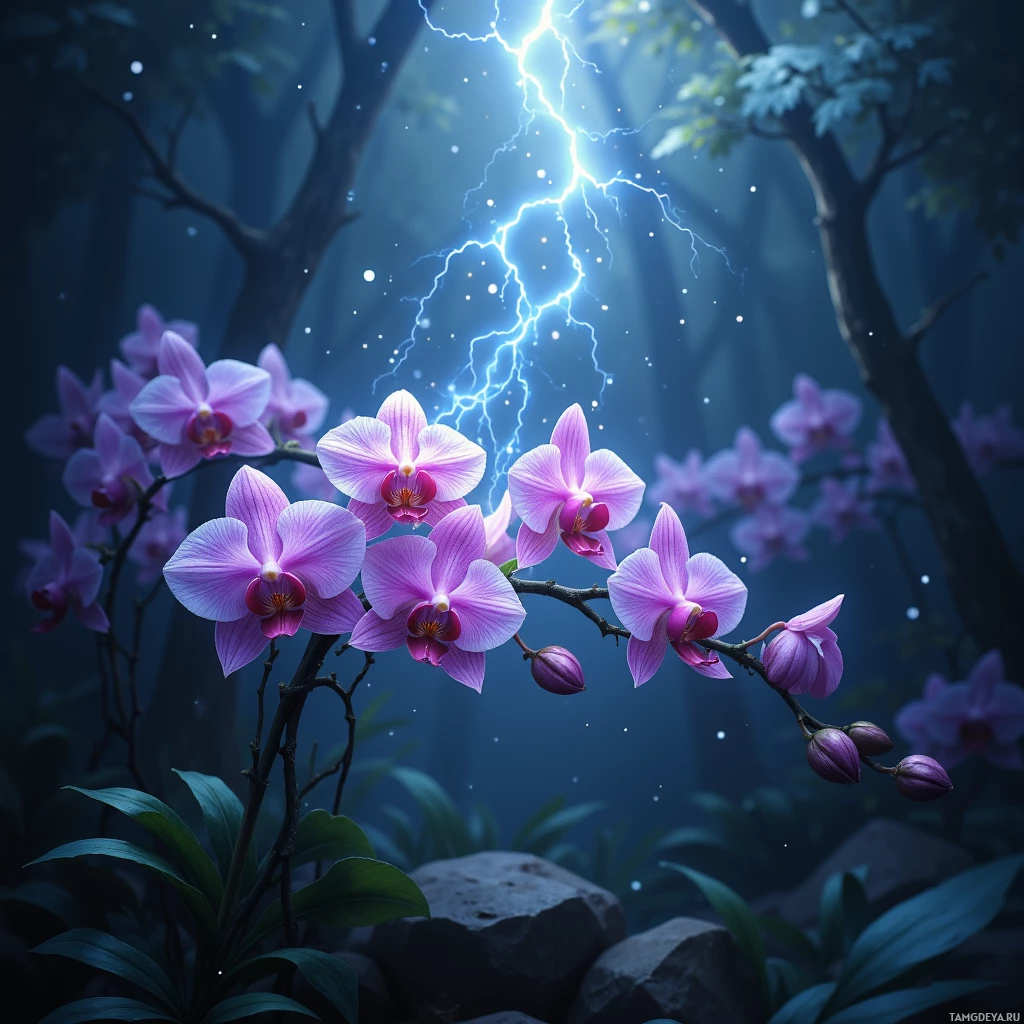A vibrant orchid blooms amidst a dark, mystical forest under a dramatic lightning strike.