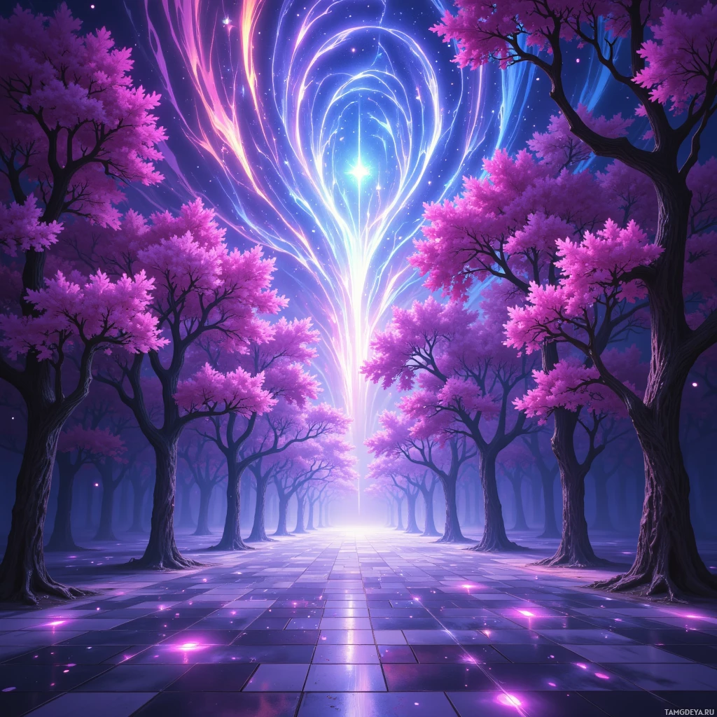 A magical forest scene with glowing pink trees and a radiant light source at the end of a path.