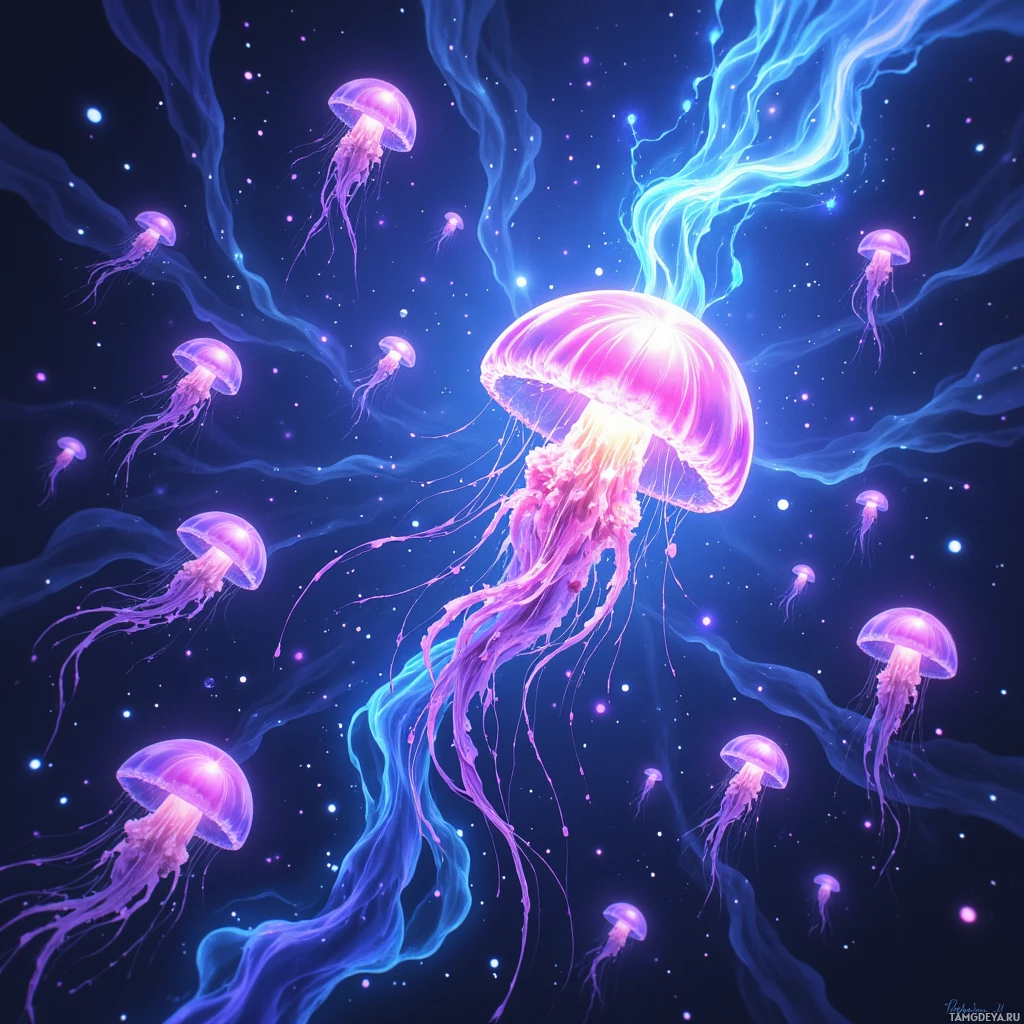 A vibrant underwater scene featuring glowing jellyfish with long, flowing tentacles against a dark, starry background.
