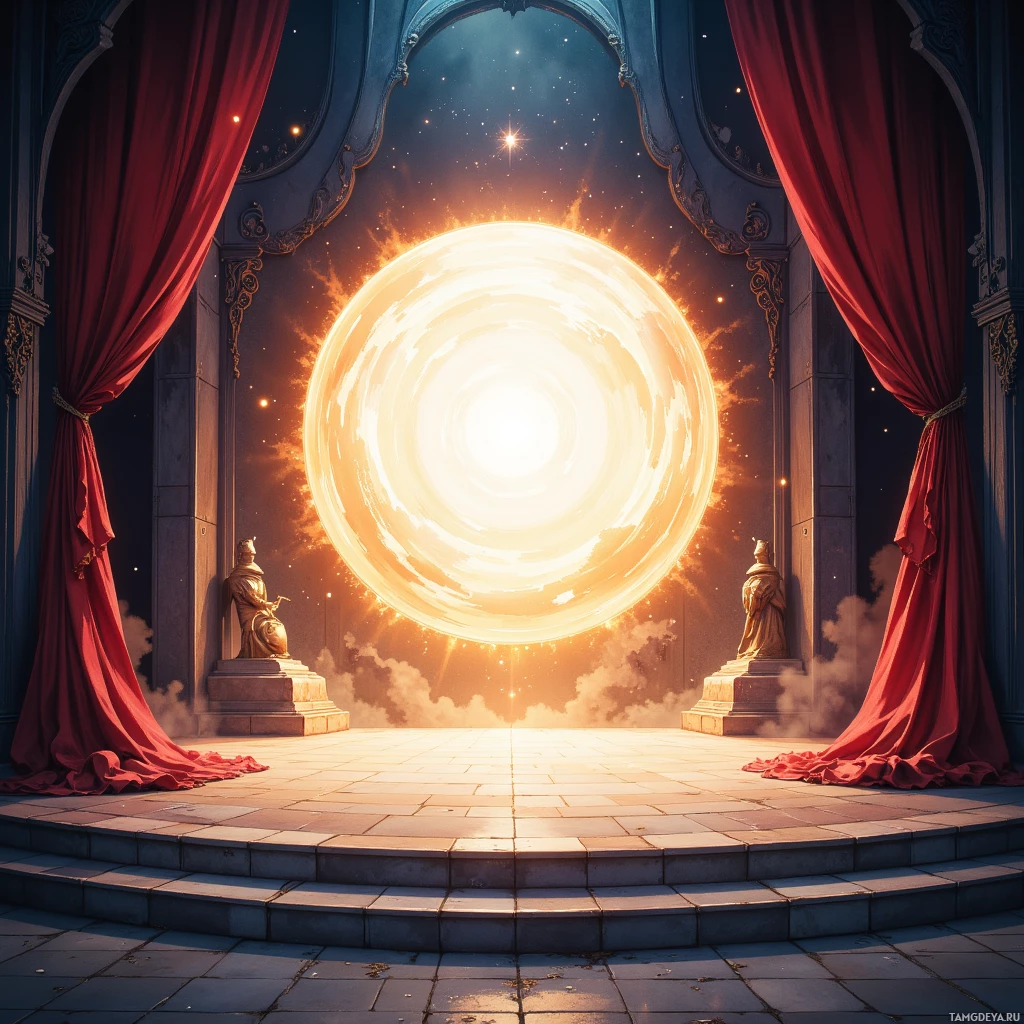 A grand stage with red curtains and statues flanking a glowing portal in the center.