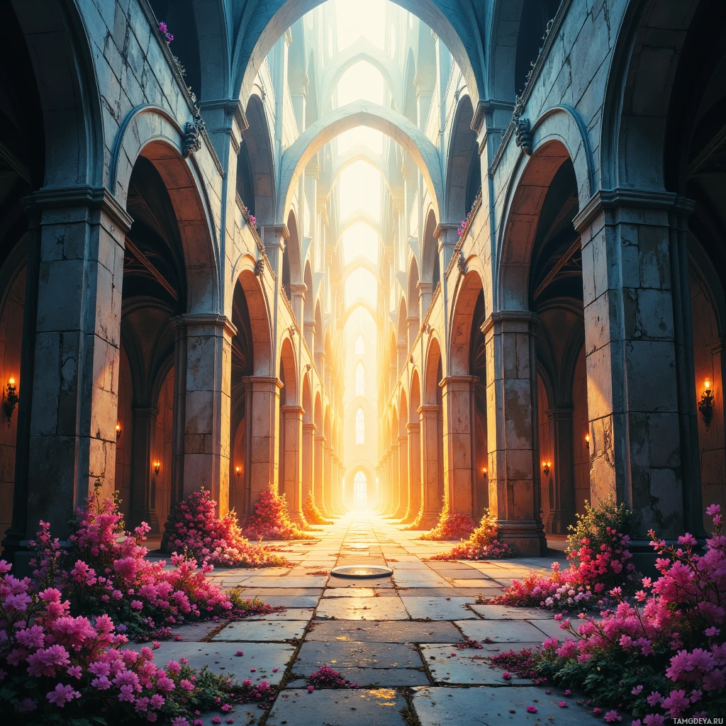 A grand, sunlit corridor with arched stone walls and vibrant pink flowers lining the floor.