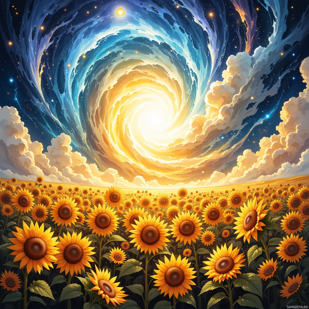A vibrant field of sunflowers under a swirling, cosmic sky.