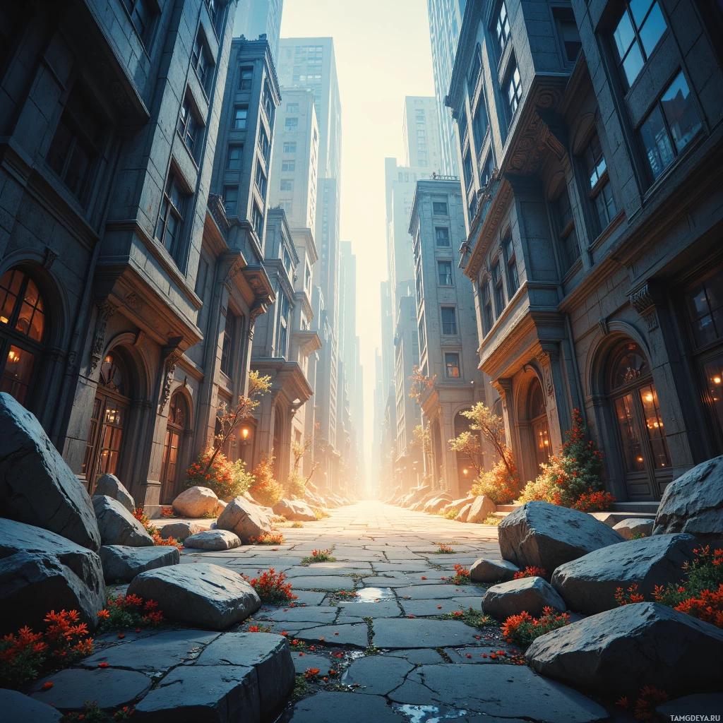 A sunlit alleyway lined with tall, ornate buildings and vibrant flowers.