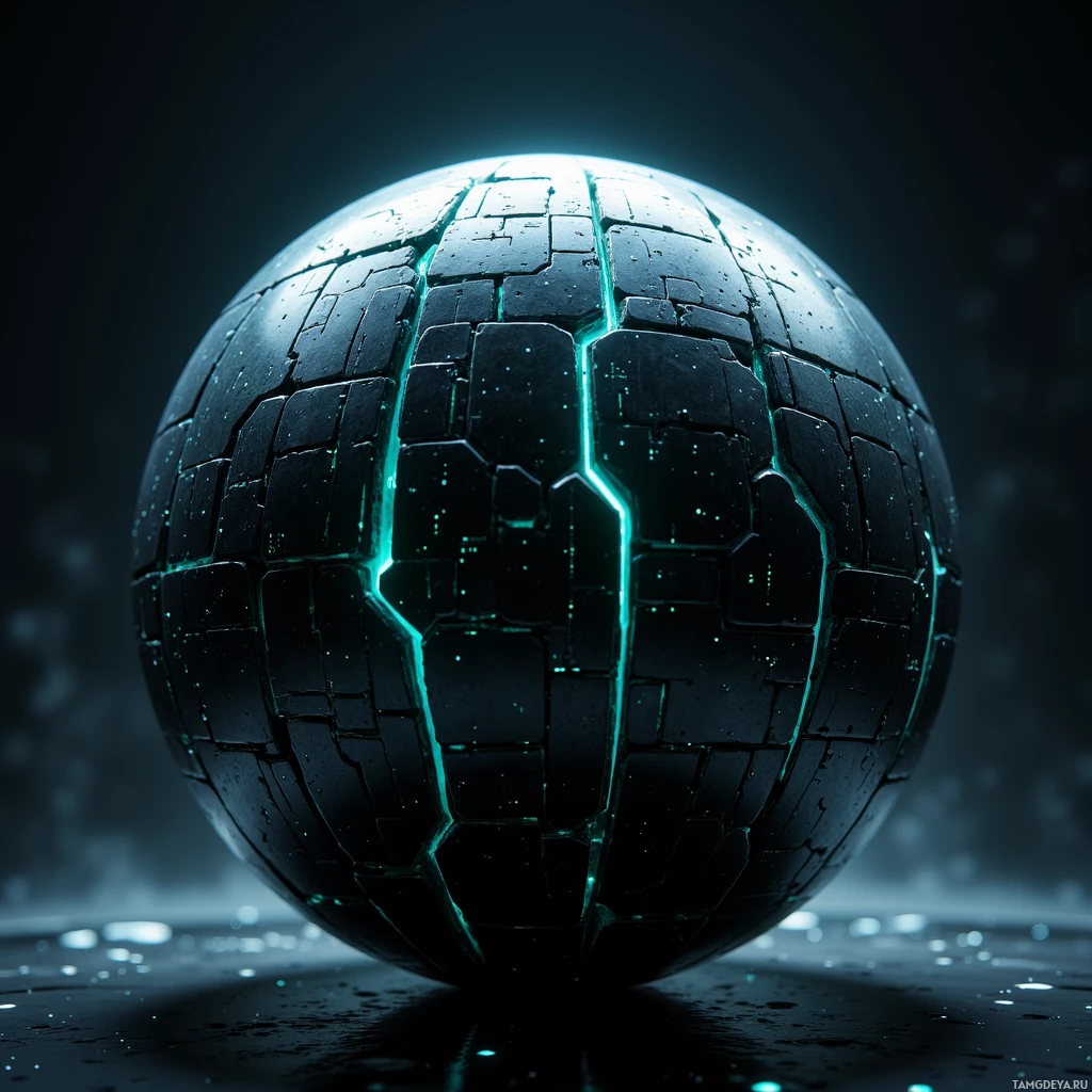 A glowing, hexagonal sphere with a dark, textured surface and a glowing blue outline.