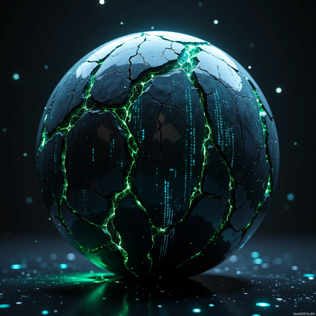 A cracked, glowing green sphere with digital patterns against a dark background.
