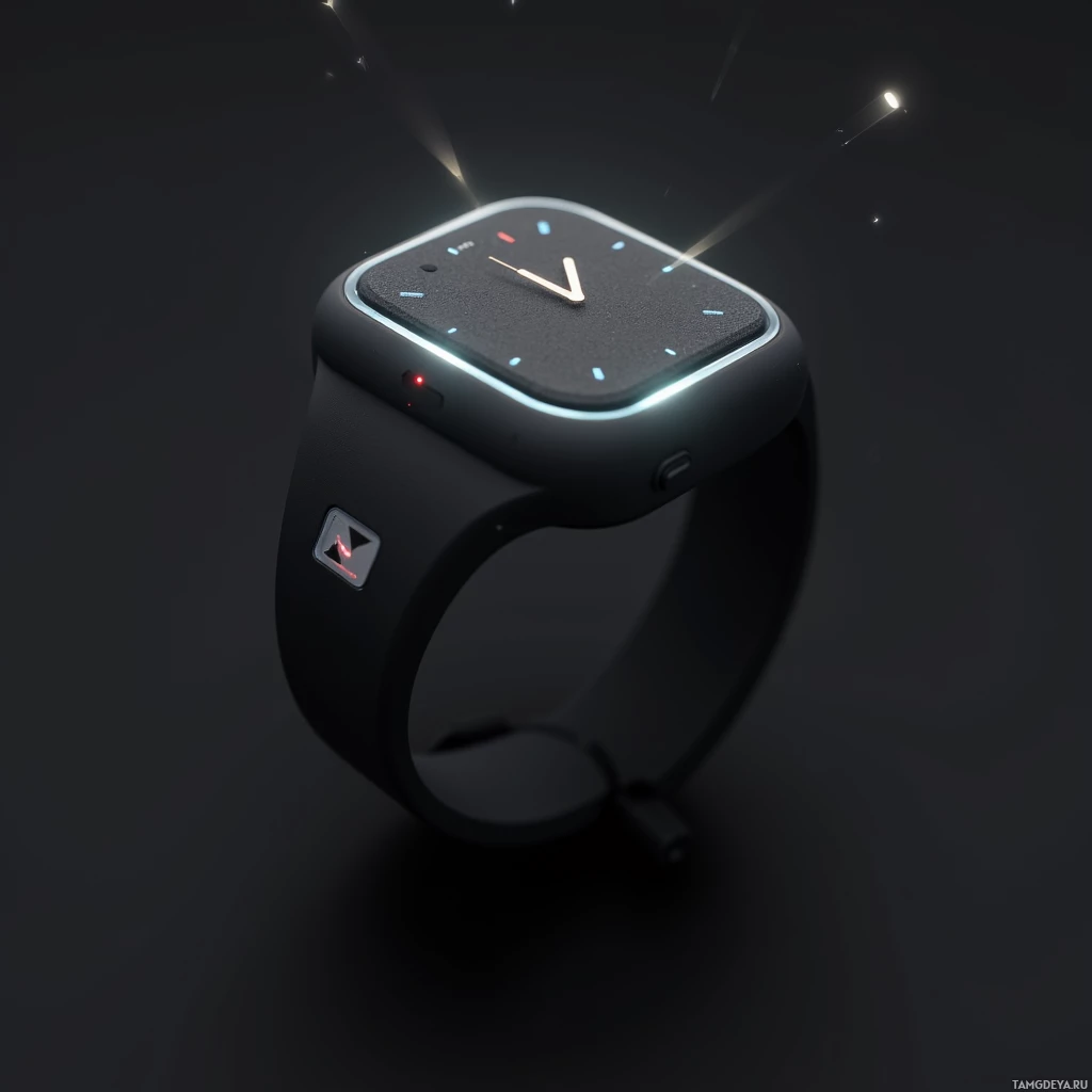 A futuristic wristwatch with a square face and glowing blue accents.