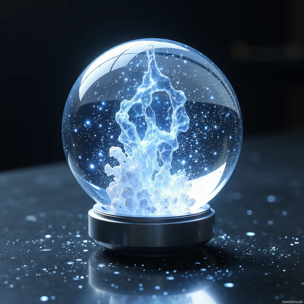 A glowing, intricate crystal ball with a cosmic, starry interior sits on a reflective surface.