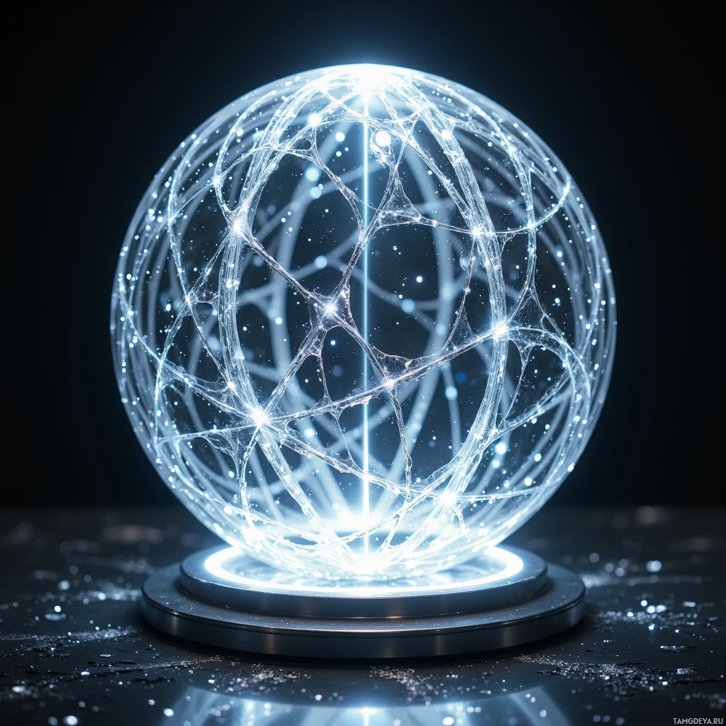 A glowing, intricate network of lines forms a spherical structure on a reflective surface.