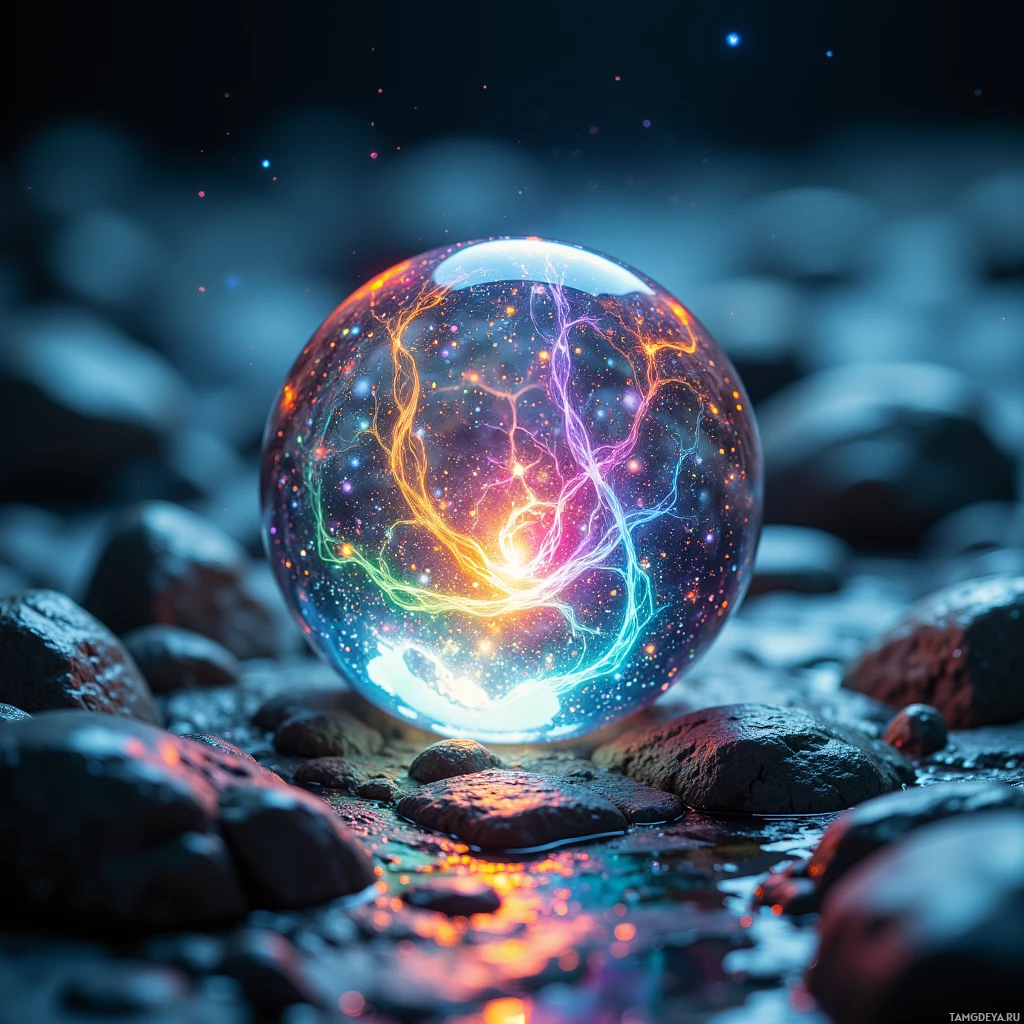 A glowing crystal ball rests on rocks with colorful energy patterns inside it.