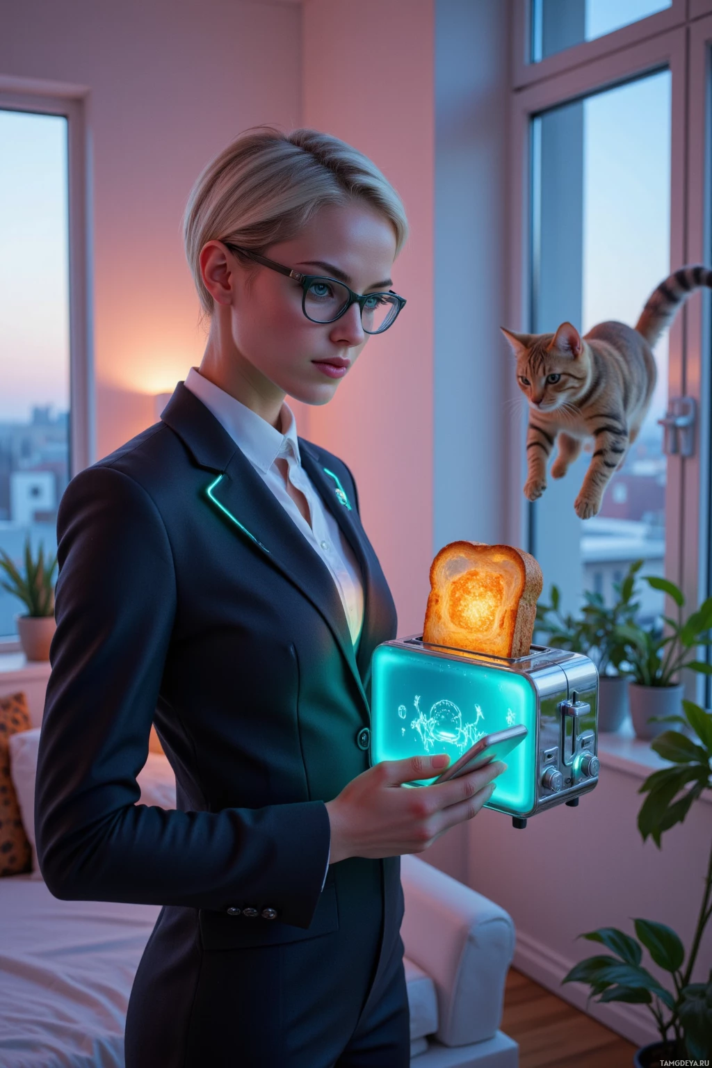 A woman in a suit holds a glowing toaster with a slice of toast inside, while a cat floats nearby in a modern room.