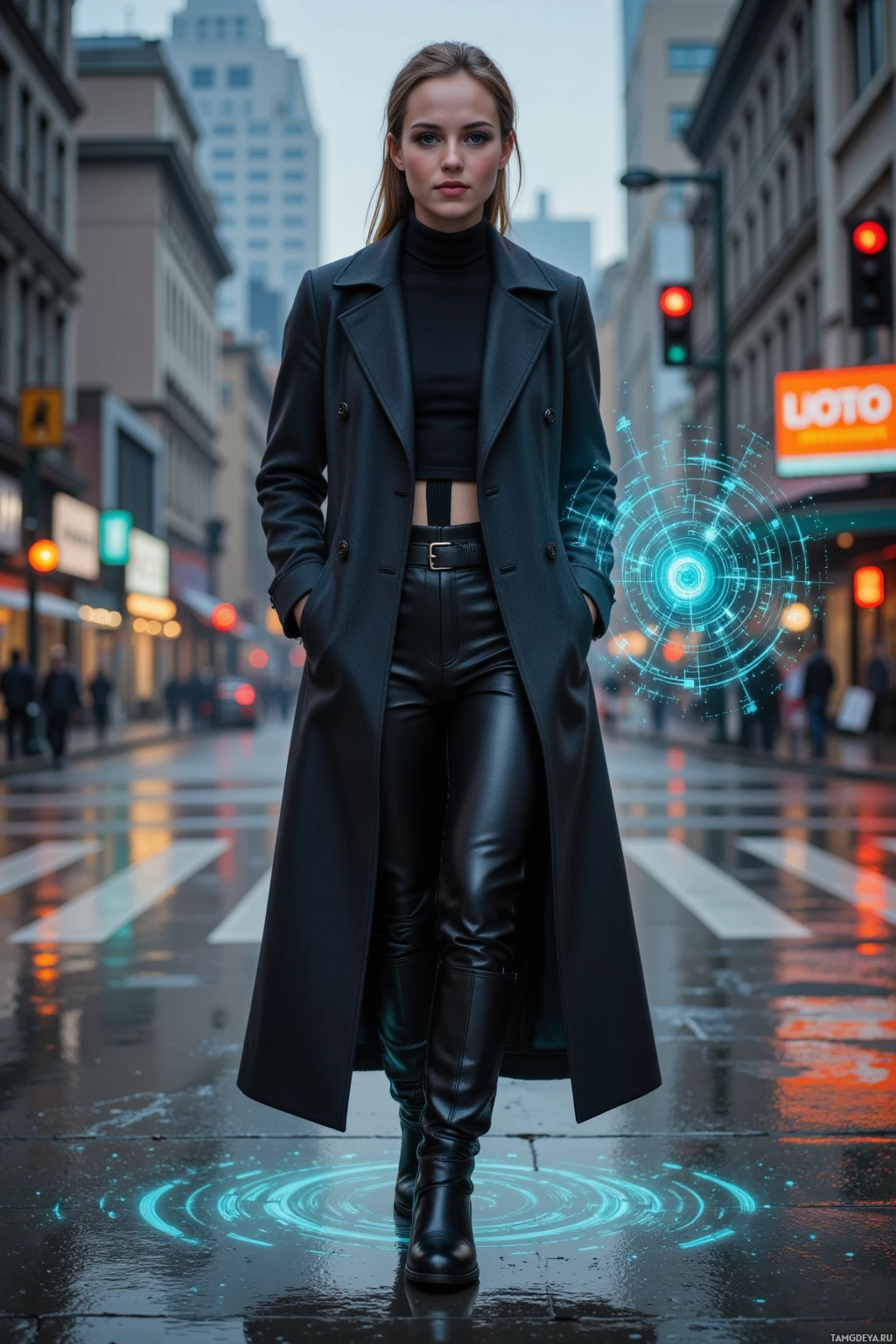 A person stands on a wet city street wearing a long coat and leather pants, with glowing blue circles and a futuristic interface overlay.