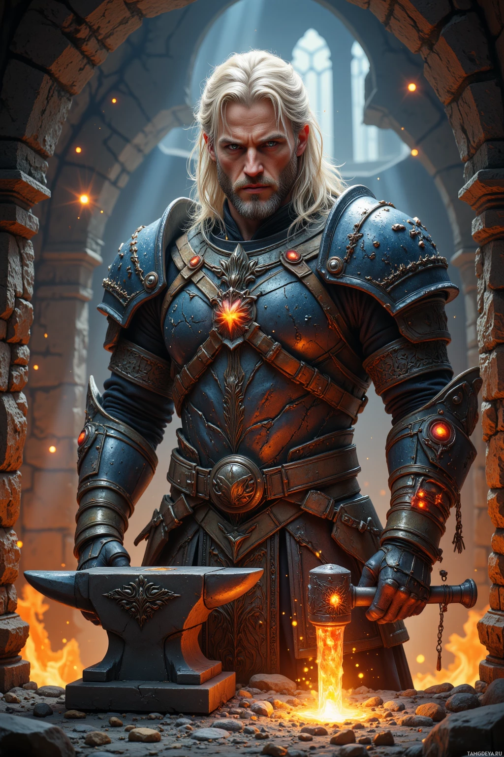A warrior in ornate armor stands by an anvil with glowing embers, holding a hammer amidst fiery flames and stone ruins.
