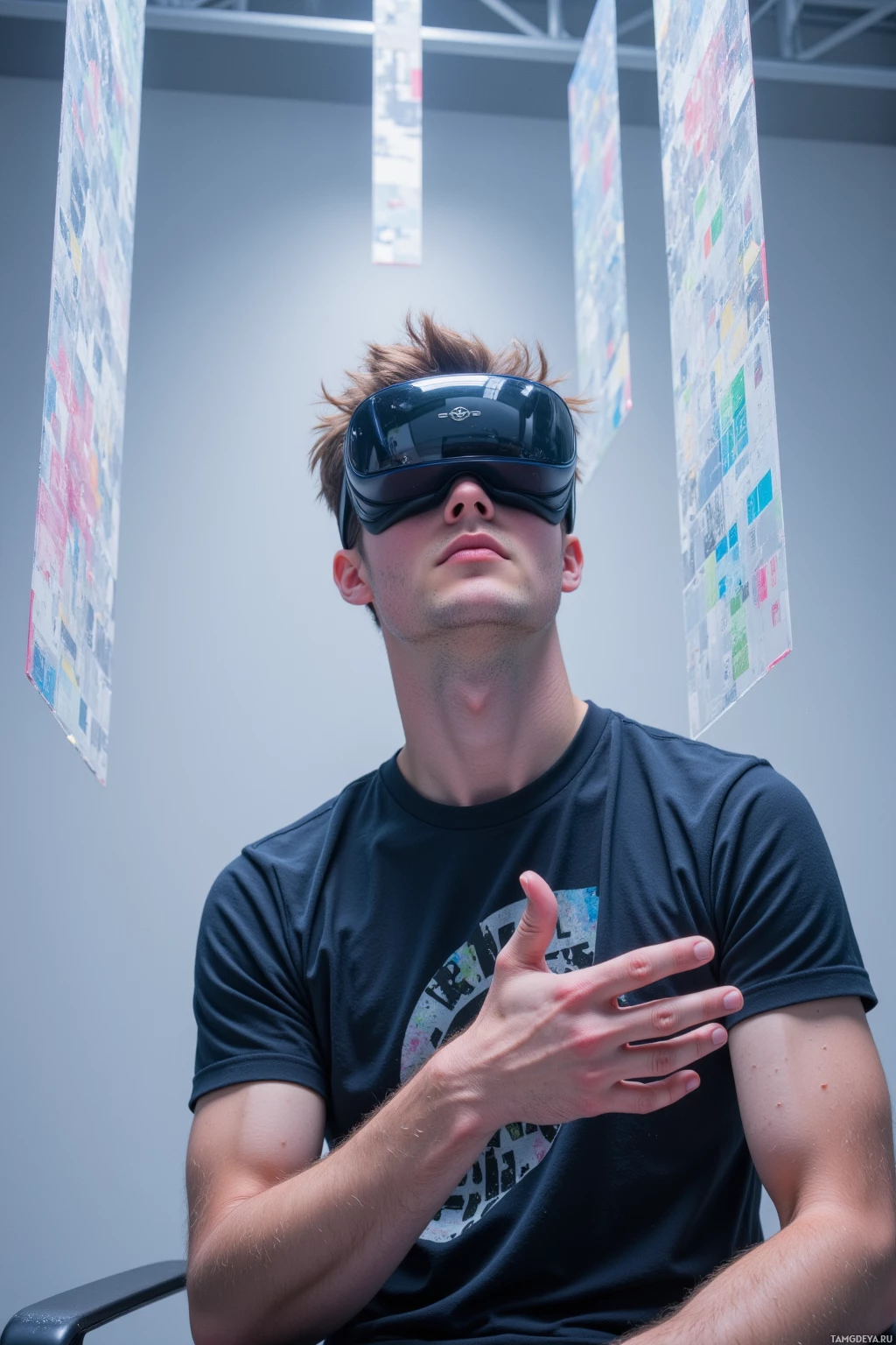 A person wearing a VR headset and a dark t-shirt is seated, with colorful hanging panels in the background.