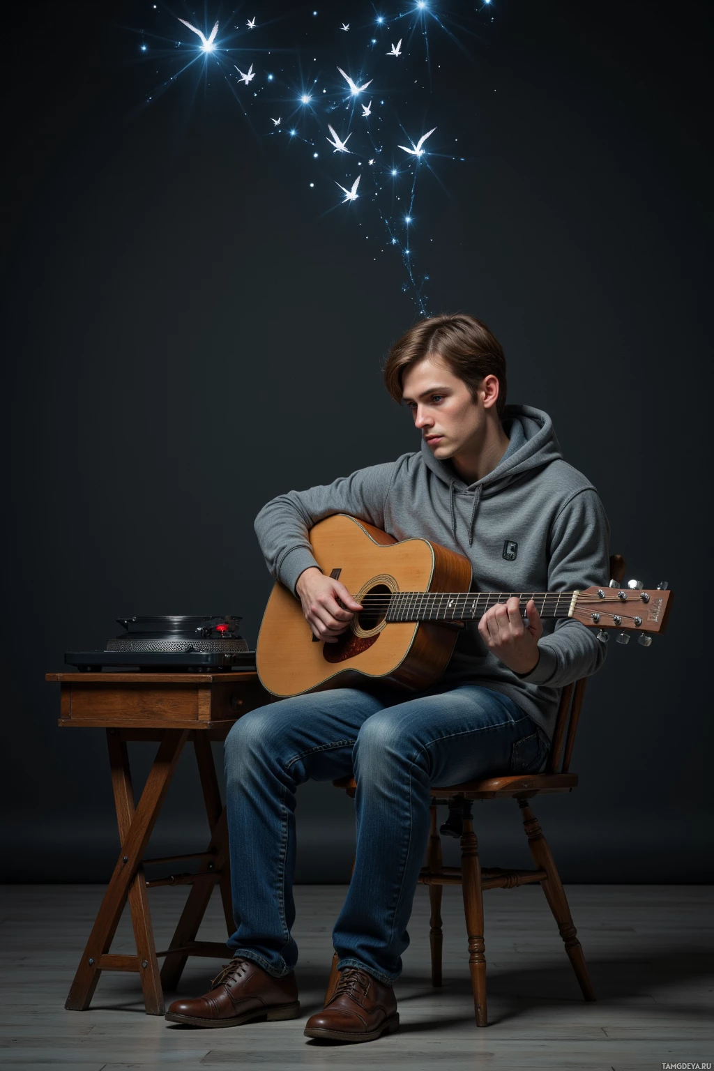 A person plays an acoustic guitar while a record player sits on a small table beside them.