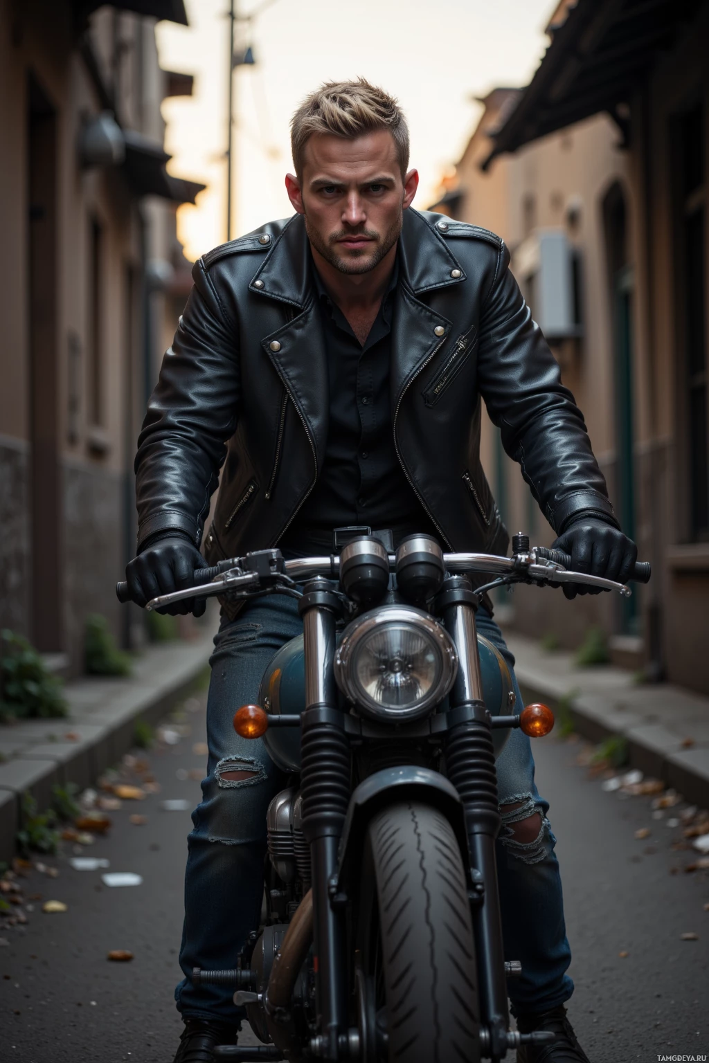 Realistic high quality photo. A short-haired blonde man in a black leather biker jacket and rugged jeans leans on his motorcycle in a dimly lit old alley at dawn, hands greasy from tightening bolts, wind rushing past as he prepares to hit the open road.