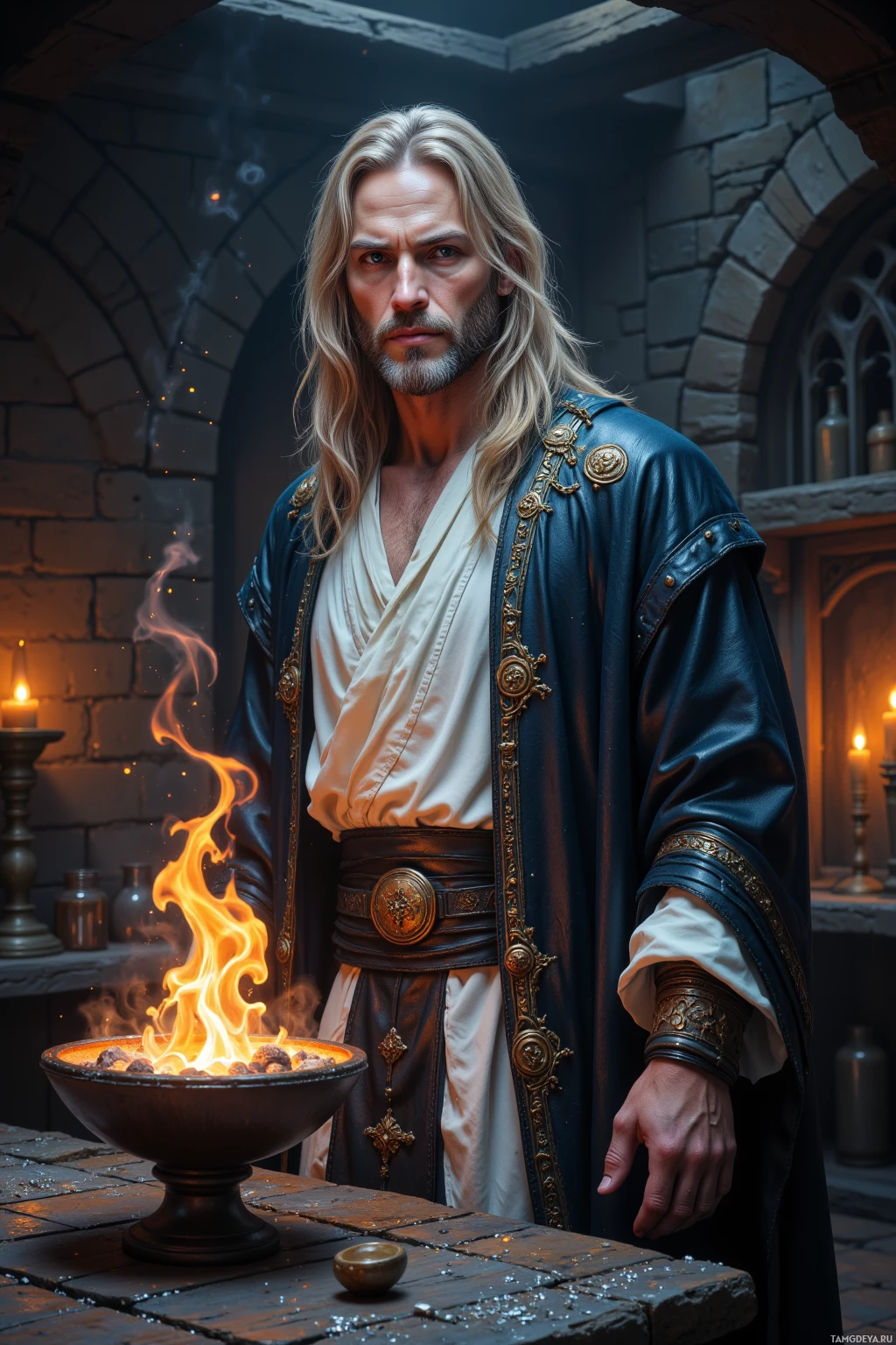 A man in a medieval-style robe stands beside a bowl of fire in a stone-walled room.