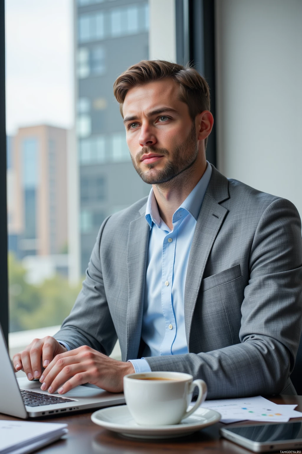 A man in a suit is working at his desk with a laptop and coffee cup nearby.