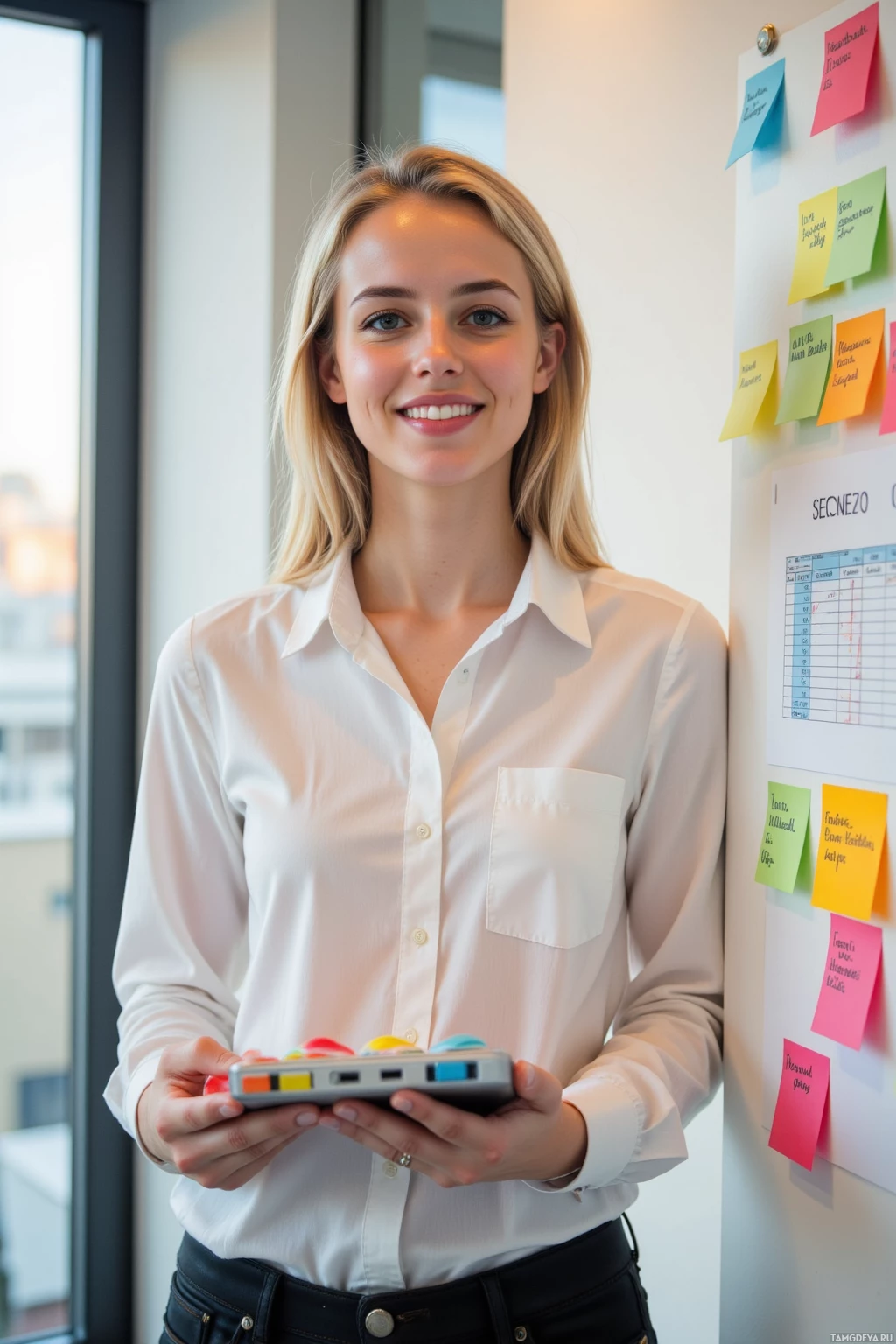 A person in a white shirt stands in front of a wall with colorful sticky notes, holding a tablet.