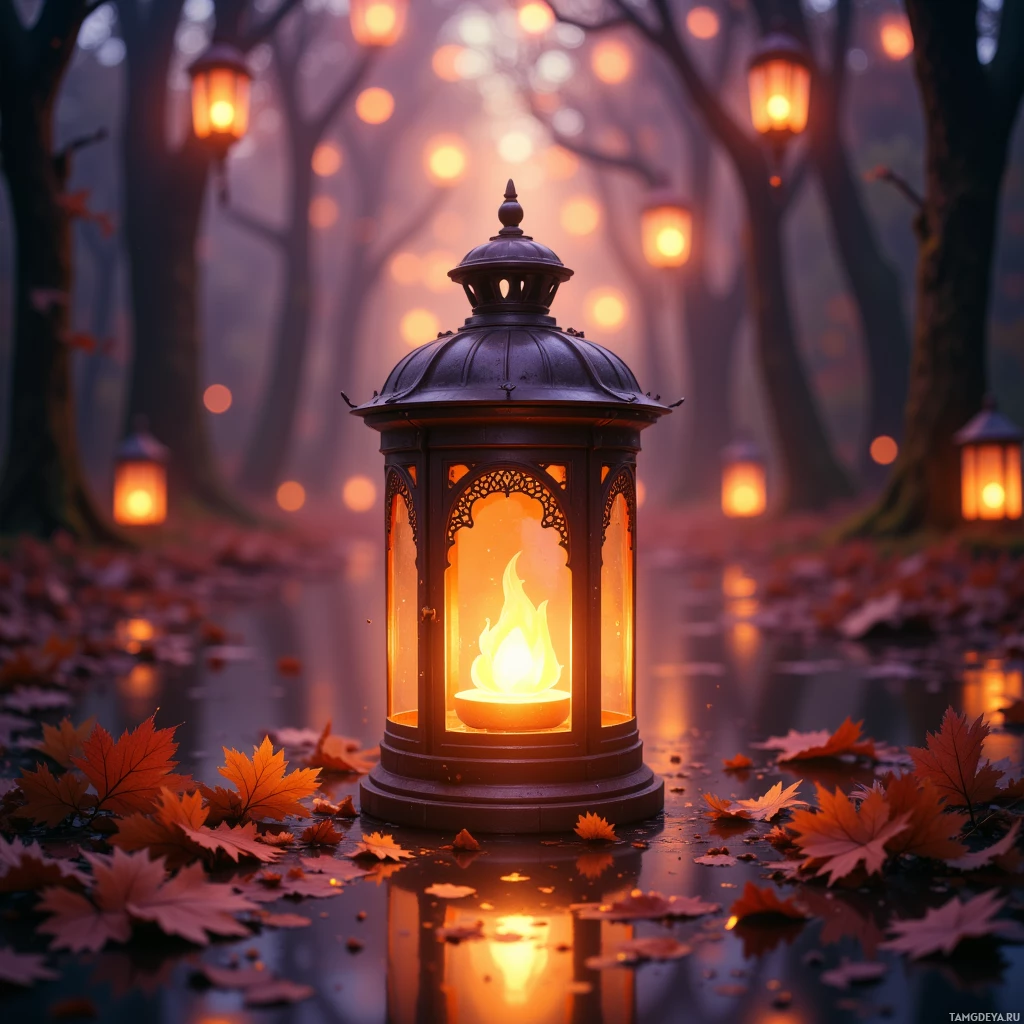 A glowing lantern in a misty autumn forest with fallen leaves.