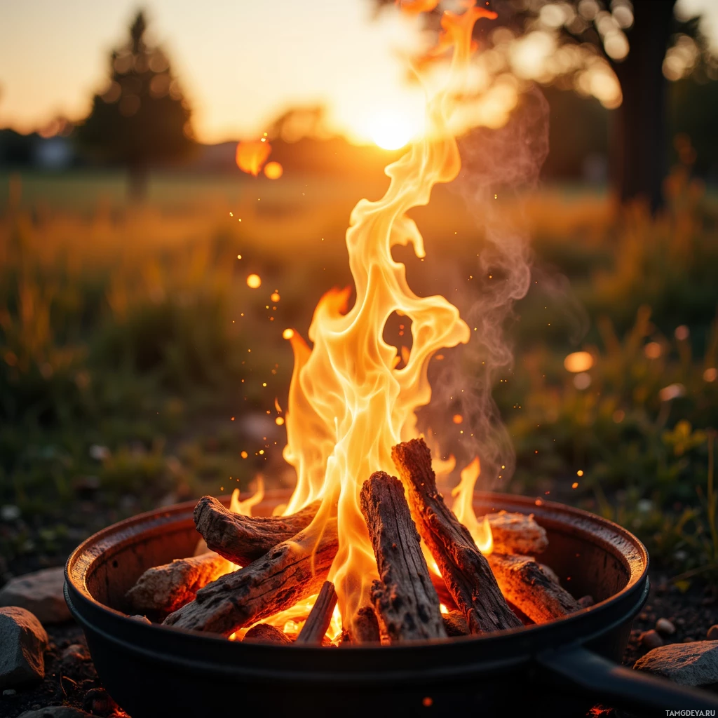 A campfire burns brightly in a fire pit, with glowing embers and dancing flames against a blurred sunset backdrop.